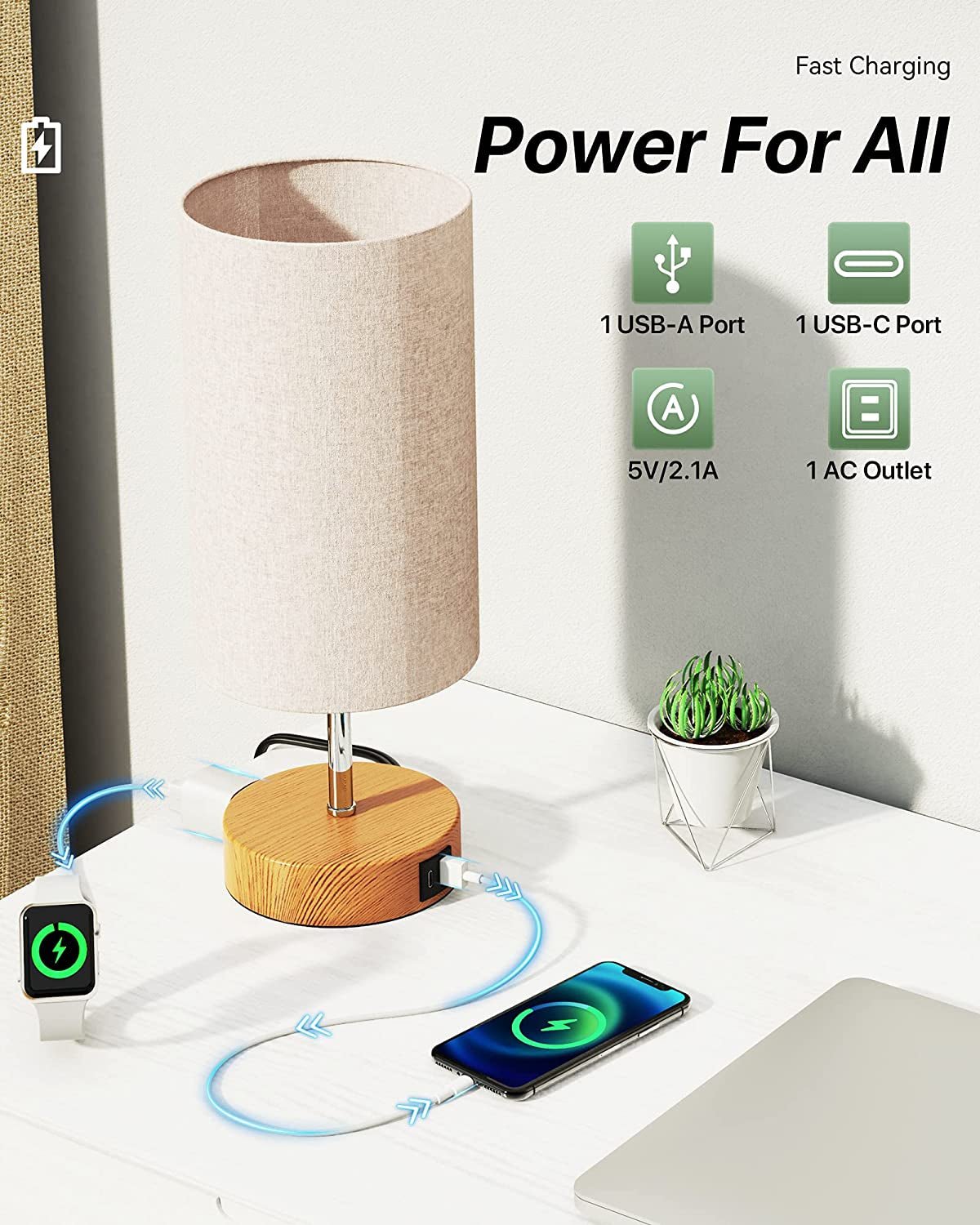 【Upgraded】 Bedside Lamp Touch Control Table Lamp with USB A+C Charging Ports & AC Outlet 3-Way Dimmable Nightstand Lamp with Linen Fabric Shade for Bedroom Living Room(E26 Light Bulb Included)