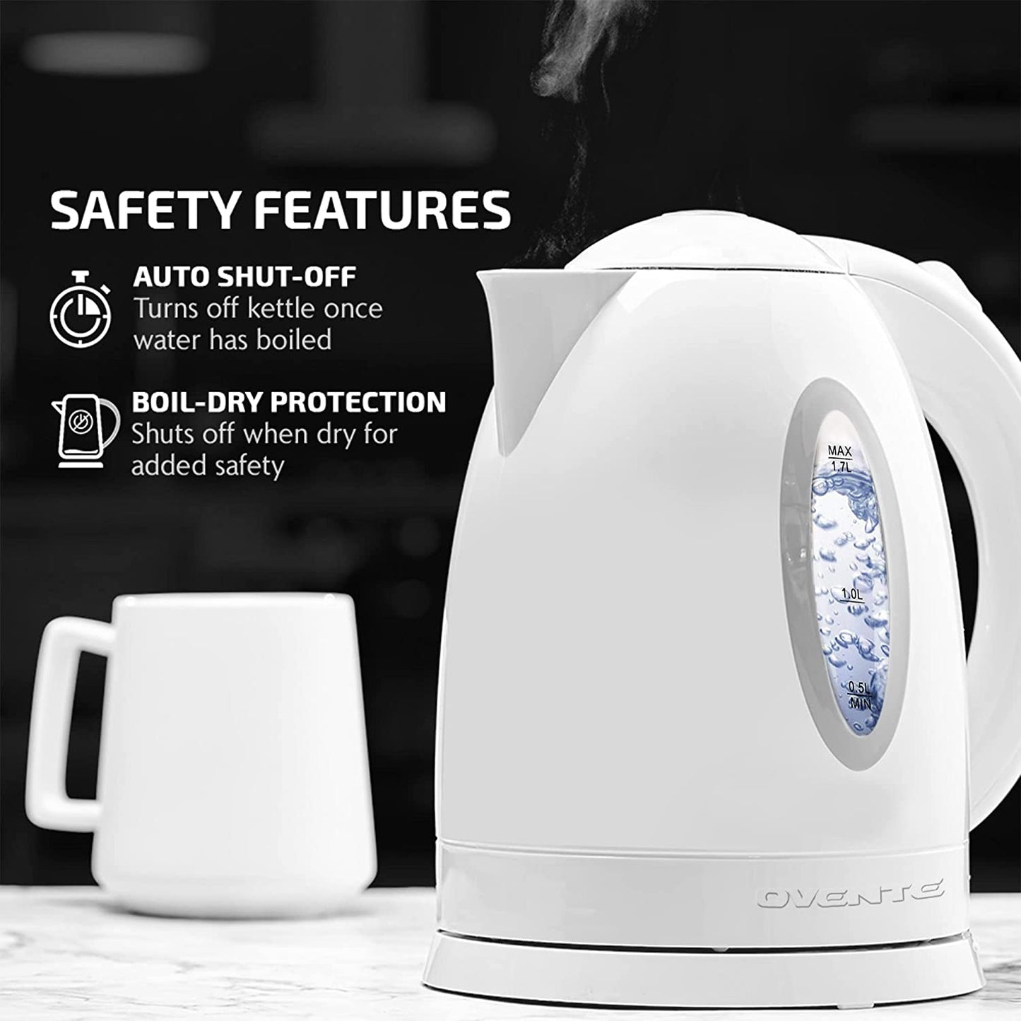 Electric Hot Water Kettle 1.7 Liter with LED Light, 1100 Watt Bpa-Free Portable Tea Maker Fast Heating Element with Auto Shut-Off and Boil Dry Protection, Brew Coffee & Beverage, White KP72W