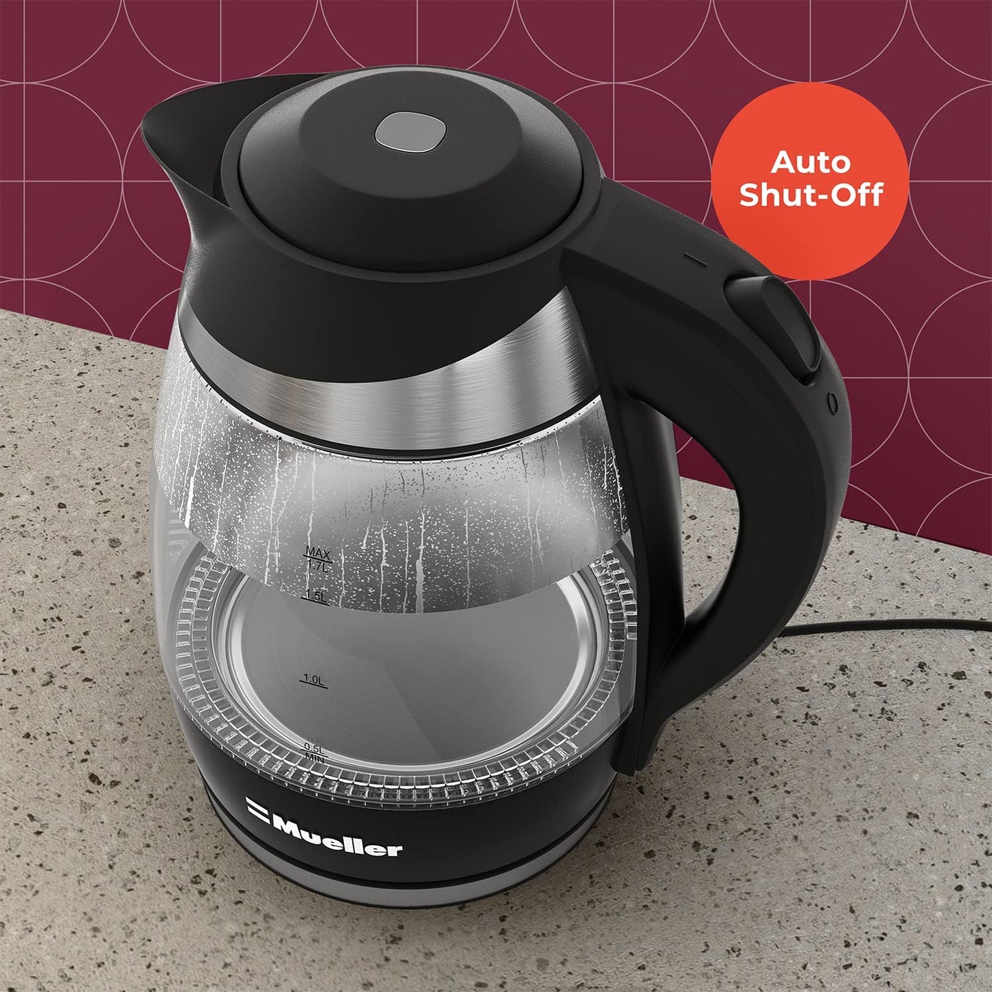 Mueller Ultra Kettle: Model No. M99S 1500W Electric Kettle with Speedboil Tech, 1.8 Liter Cordless with LED Light, Borosilicate Glass, Auto Shut-Off and Boil-Dry Protection