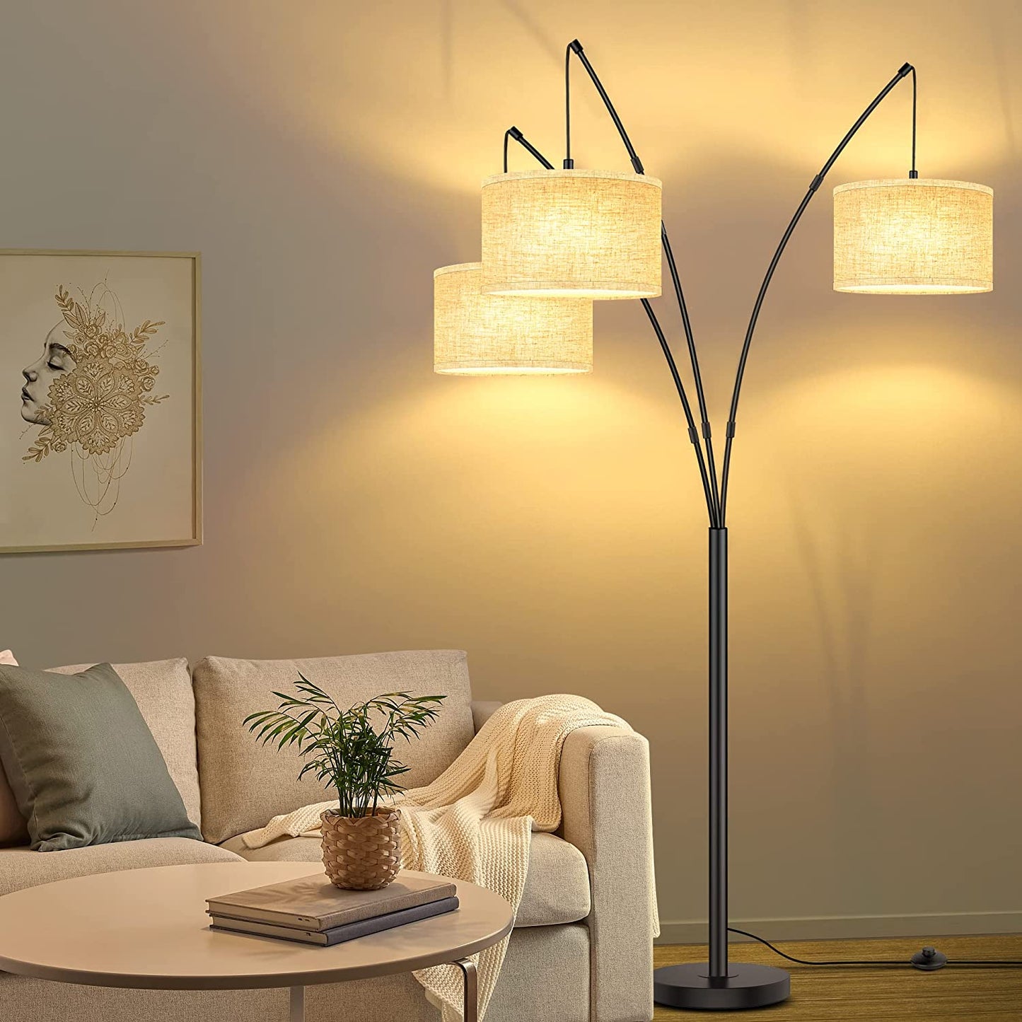 Arc Floor Lamps, 3-Light Arched Standing Lamp Hanging over the Couch, Trinity Arc Lamp with Foot Switch, Heavy Base, Modern Tall Pole Lamps for Living Room Bedroom Office Bright Lighting