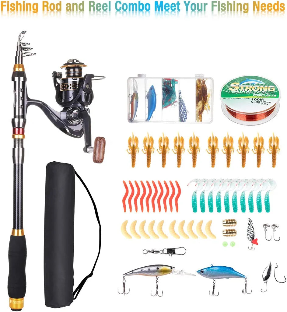 Fishing Rod and Reel Combo, Carbon Fiber Telescopic Fishing Pole with Spinning Reel, Fishing Line, Fishing Lures, Carrier Bag Travel Fishing Rods Kit Freshwater Saltwater Fishing Poles