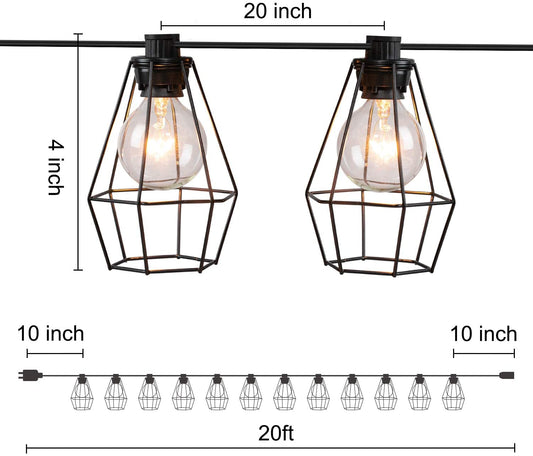 Outdoor Lantern String Lights Cafe Lights 20Feet with 12 Clear G40 Bulbs and Vintage Metal Lamp Shades, Indoor Outdoor Lights for Patio Yard Decor Garden Gazebo Backyard Hanging Decorations, Black