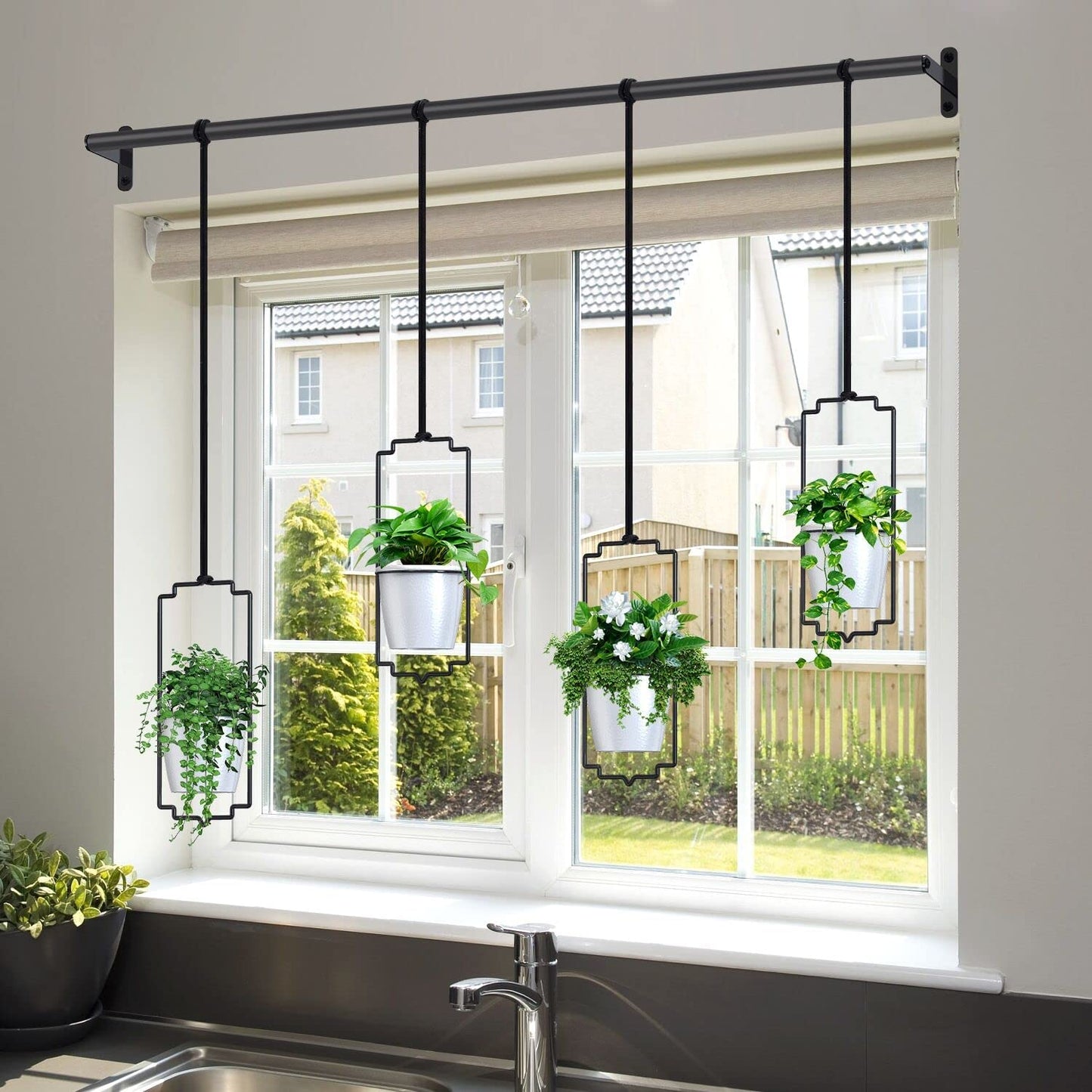 4Pcs Hanging Planters for Window, Wall and Ceiling Plant Hanger with Plastic Pots