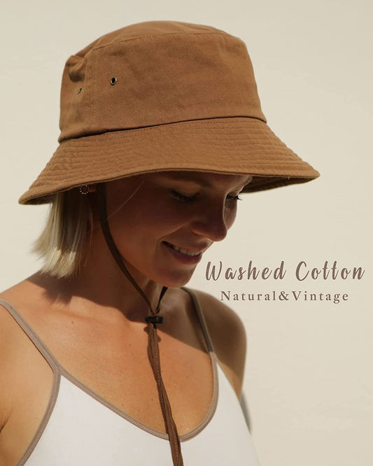 FURTALK Bucket Hats for Women Washed Cotton Packable Summer Beach Sun Hats Mens Womens Bucket Hat with Strings for Travel