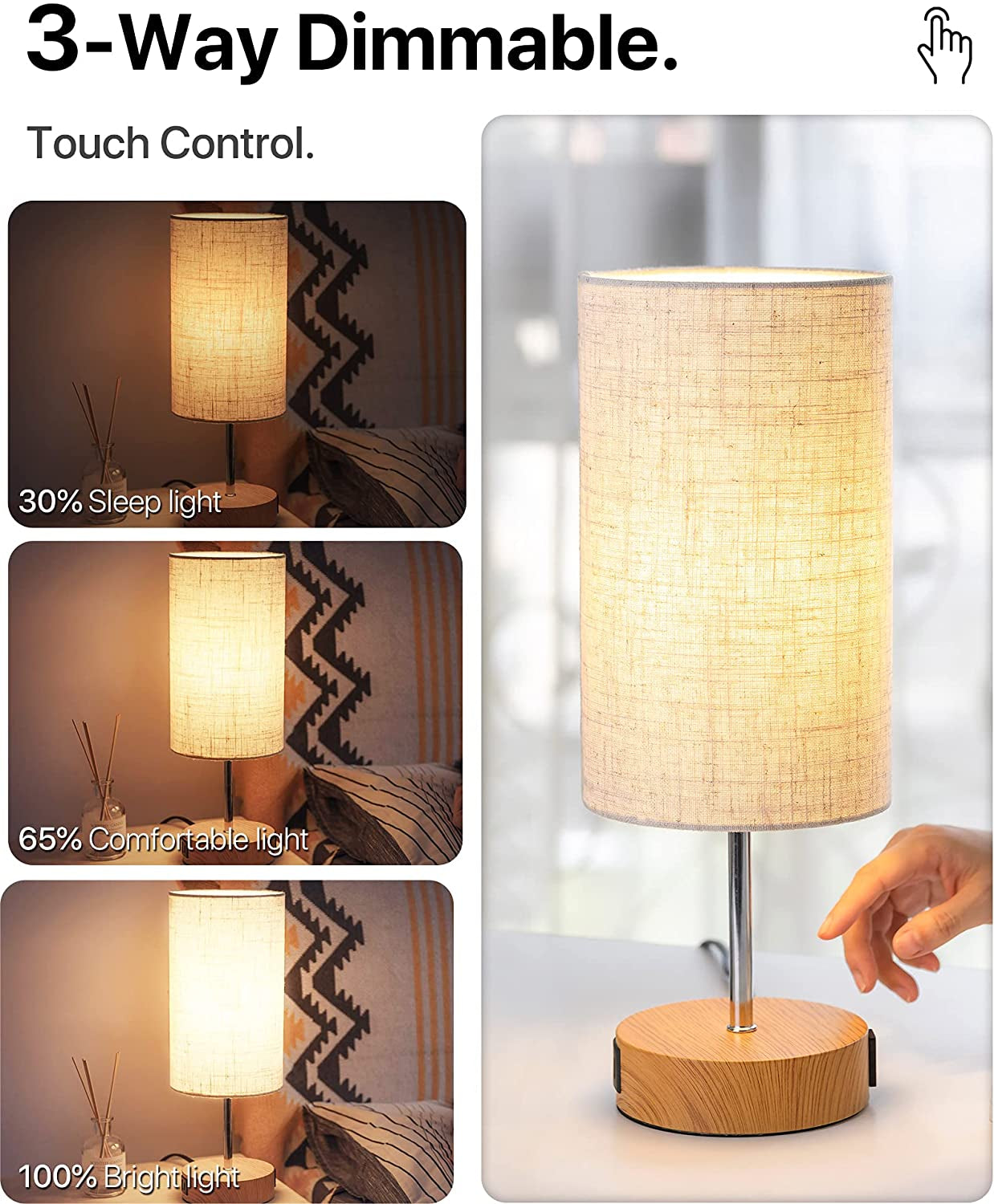 【Upgraded】 Bedside Lamp Touch Control Table Lamp with USB A+C Charging Ports & AC Outlet 3-Way Dimmable Nightstand Lamp with Linen Fabric Shade for Bedroom Living Room(E26 Light Bulb Included)
