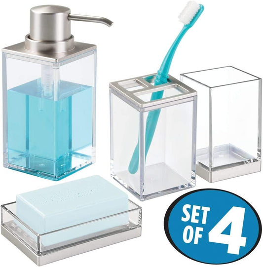 Mdesign Plastic Bathroom Vanity Counter Organizers, Dispenser Pump, Toothbrush Stand, Storage Jar, Soap Dish, for Cotton Swabs, Toothpaste, Makeup, Lumiere Collection, Clear/Brushed Chrome