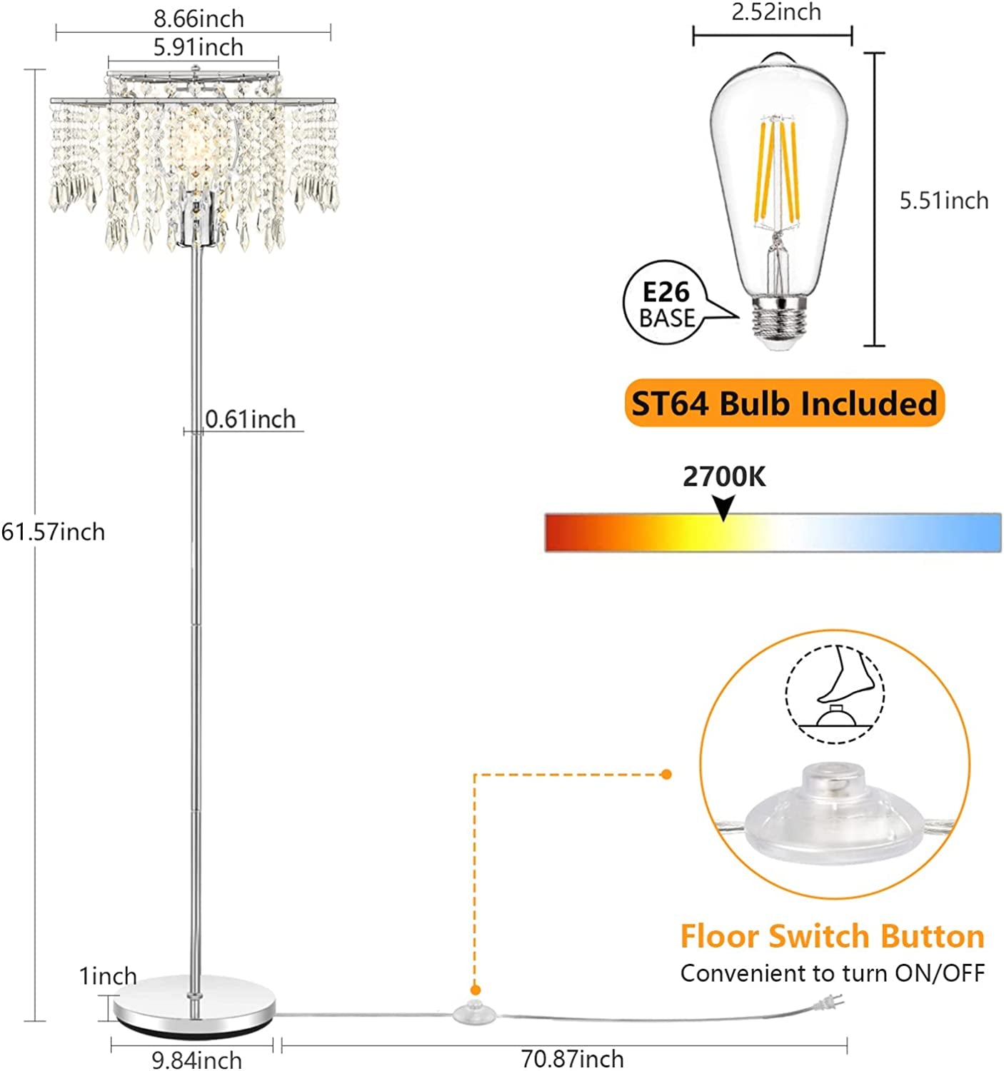 Double-Layer Lampshade Crystal Floor Lamp for Bedroom Modern Floor Lamp for Living Room,Elegant Standing Lamp,61.57" Tall Pole Lamp,Suitable for Bedroom,Living Room,Office,6W LED Bulb Included,Silver