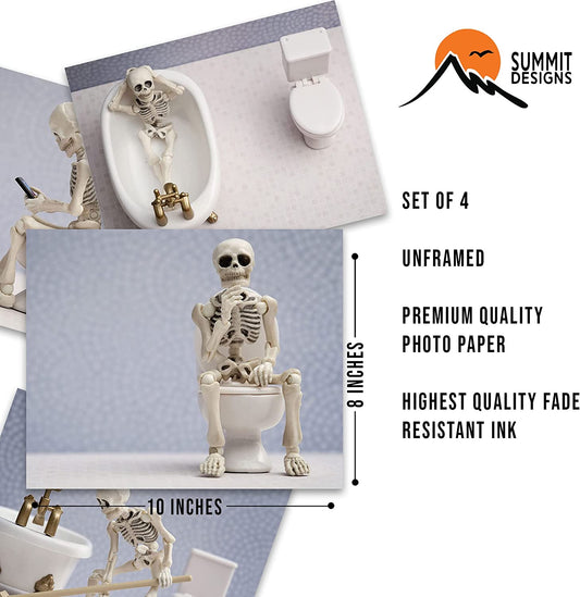 Skeleton Bathroom Prints - Skeleton Wall Art , Skeleton Bathroom Decor - Funny Bathroom Art, Funny Bathroom Decor Wall Art, Bathroom Halloween Decor, Hipster Gifts - Set of 4 (8X10) Unframed