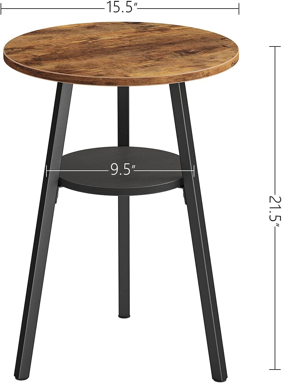 round End Table, Side Table with Wooden Shelves, 2-Tier Rustic Vintage Table for Living Room Bedroom, Metal Frames and Wooden Boards, Rustic Brown