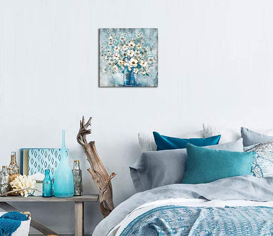 Bathroom Decor Canvas Wall Art Framed Wall Decoration Modern Gallery Wall Decor Print White Flower in Blue Bottle Theme Picture Artwork for Walls Ready to Hang for Kitchen Bedroom Decor Size 14X14