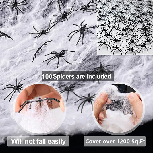 1200 Sqft Halloween Spider Web Decoration, Super Stretch DIY Cobwebs Bonus with 100 Fake Spiders, White Webbing Spooky Haunted House Garden Yard Home Office Tree Creepy Scene Props Indoor Outdoor Decor Party Supplies