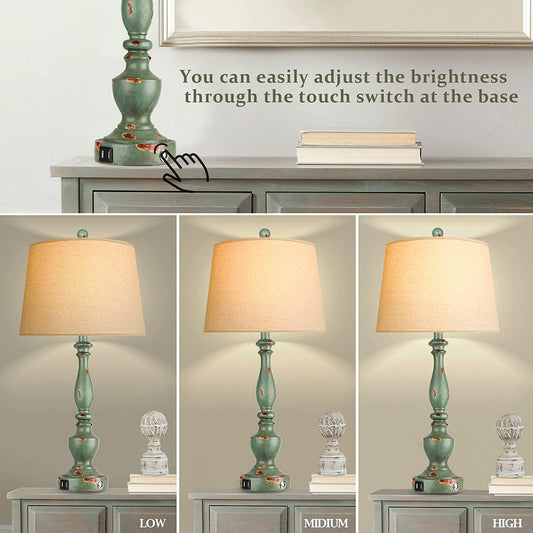 Farmhouse Lamp for Living Room Set of 2 Rustic Table Lamps 3 Way Dimmable Bedside Nightstand Lamp for Bedroom with 2 USB Port and One Outlet,Bulb Included