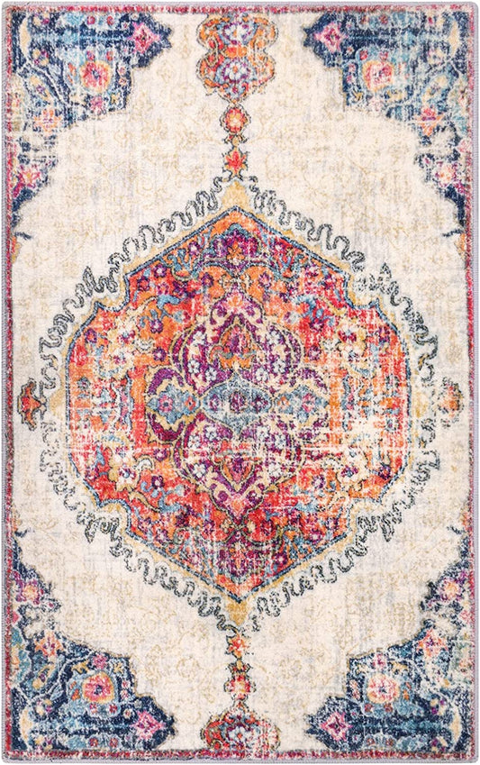 Vintage Bohemian Area Rug, 3X5 Washable Bedroom Rug Non-Slip, Distressed Oriental Persian Throw Rug Floor Carpet for Living Dining Room Entryway Bathroom Kitchen (Cream/Orange/Navy, 3X5Ft)