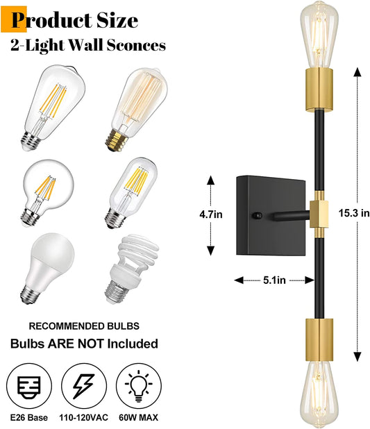 2 Pack Bathroom Vanity Light Fixtures, 2-Light Black Gold Wall Sconces Lighting Modern Wall Mounted Lamps Brushed Brass Sconces Vintage Indoor Wall Light for Mirror Hallway Kitchen Bedroom Living Room