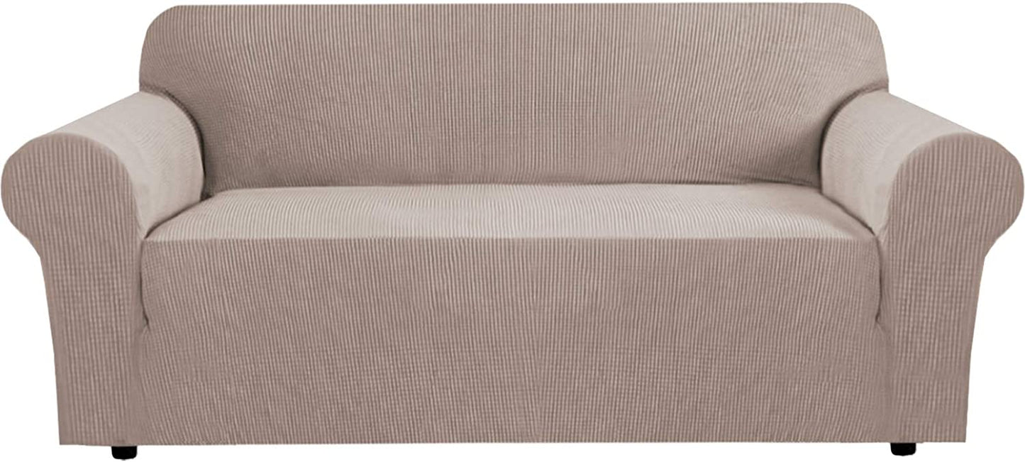 Stretch Sofa Covers for 3 Cushion Couch Covers Sofa Slipcovers for Living Room Feature Thick Checked Jacquard Fabric with Elastic Bottom, Sofa Large - Sand