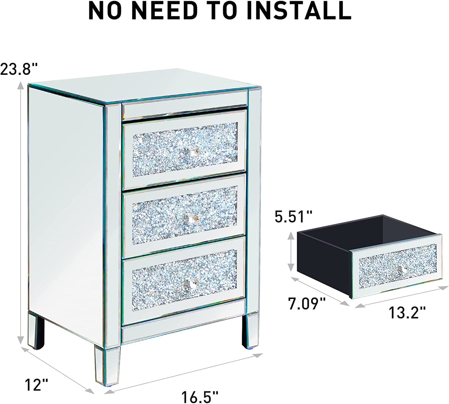 Mirrored Nightstand Crystal Mirror End Table with 3 Drawers Mirror Bedside Table Silver Nightstand for Living Room Bedroom Sofa Couch, No Need Assemble