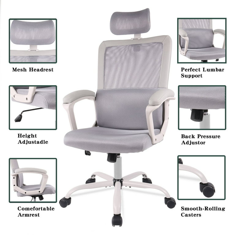 Office Chair, High Back Desk Chair Ergonomic Mesh Computer Chair with Headrest and PU Arms, Gray