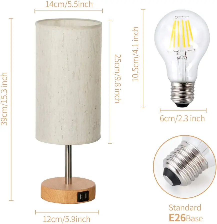 Bedside Lamp with USB Port - Touch Control Table Lamp for Bedroom Wood 3 Way Dimmable Nightstand Lamp with round Flaxen Fabric Shade for Living Room, Dorm, Home Office (LED Bulb Included)