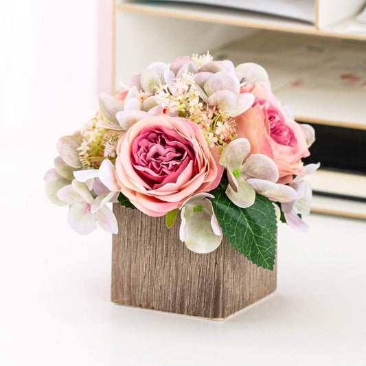 Queen BEE Artificial Silk Flowers in Vase. Fake Pink Roses 3 Heads and Hydrangeas with Ceramic Vase for Home, Wedding, Bathroom Decor. Nightstand Decoration. Home Accent, Small 7" (Pink Rose)