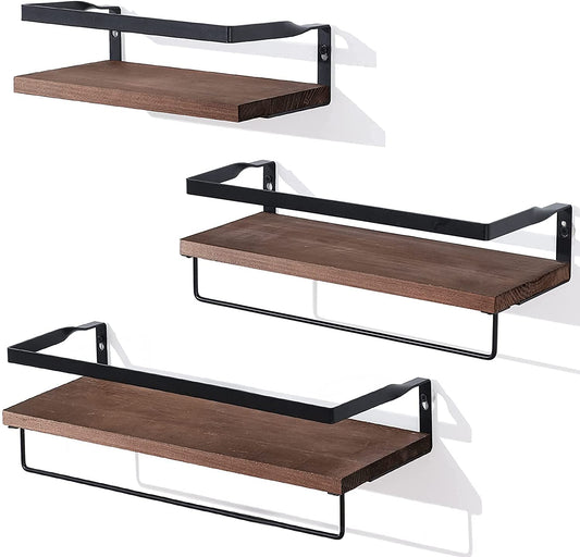 3 Set Pre-Assembled Floating Bathroom Shelves with 2 Towel Bars, Wall Mounted Storage Wood Shelf, Rustic Decor Accessories for Bathroom, Kitchen, Bedroom, Office, over Toilet - Brown