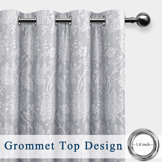 Grey Ombre Blackout Curtains with Tiebacks for Bedroom - Floral Patterned Noise Reducing Thermal Insulated Room Darkening Curtains for Living Room, 52 X 84 Inches, 2 Window Curtain Panels