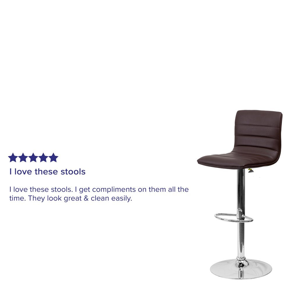 Betsy Modern Brown Vinyl Adjustable Bar Stool with Back, Counter Height Swivel Stool with Chrome Pedestal Base