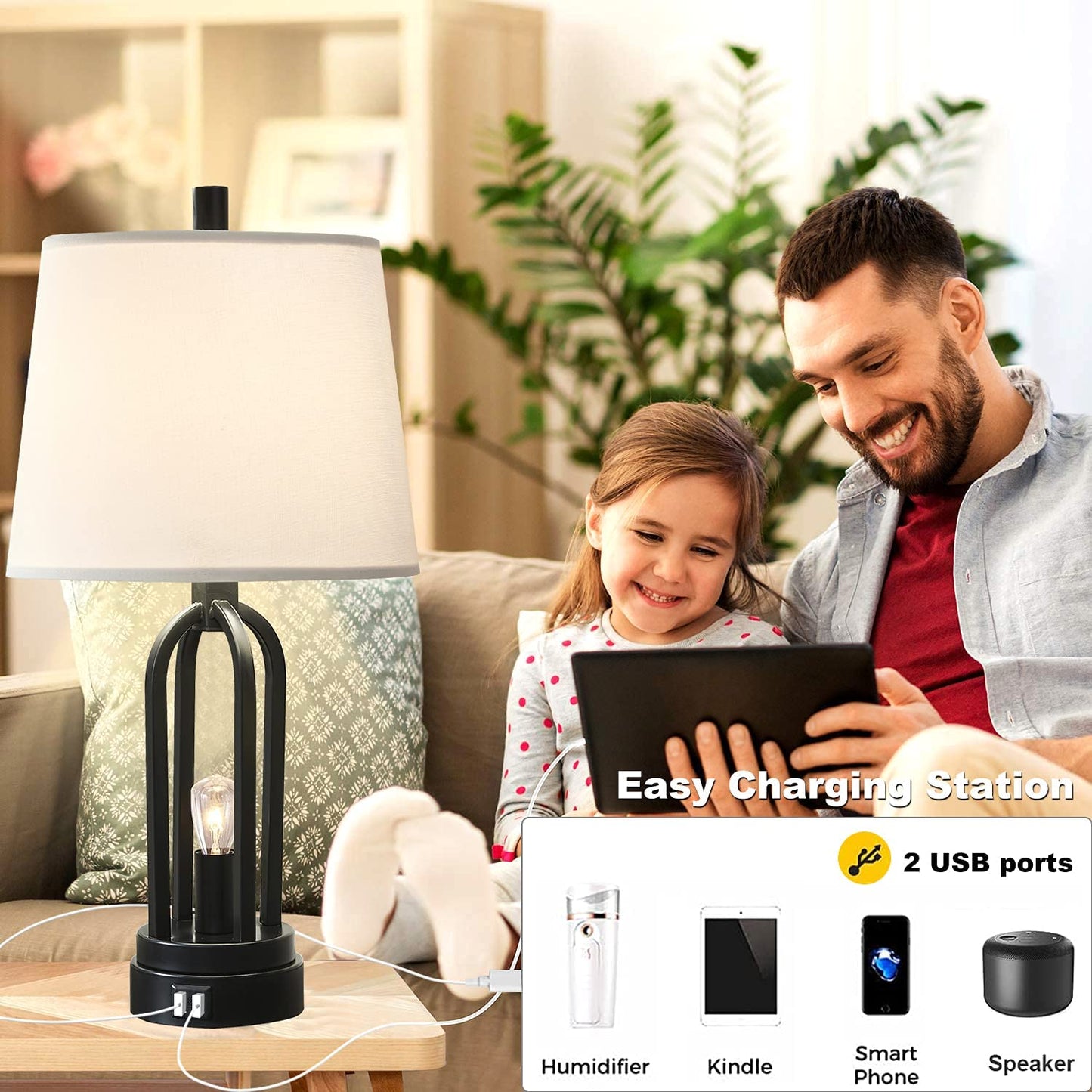 22" Industrial Table Lamp Set of 2, Farmhouse Table Lamp with 2 USB Ports Bedside Lamp with 2 LED Nightlight Blubs, Rustic Nightstand Lamp for Living Room Bedroom Reading Study Office (Black)