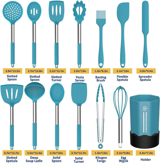 Silicone Cooking Utensil Set, Non-Stick Kitchen Utensil 24 Pcs Cooking Utensils Set, Heat Resistant Cookware, Silicone Kitchen Tools Gift with Stainless Steel Handle (Blue-24Pcs)