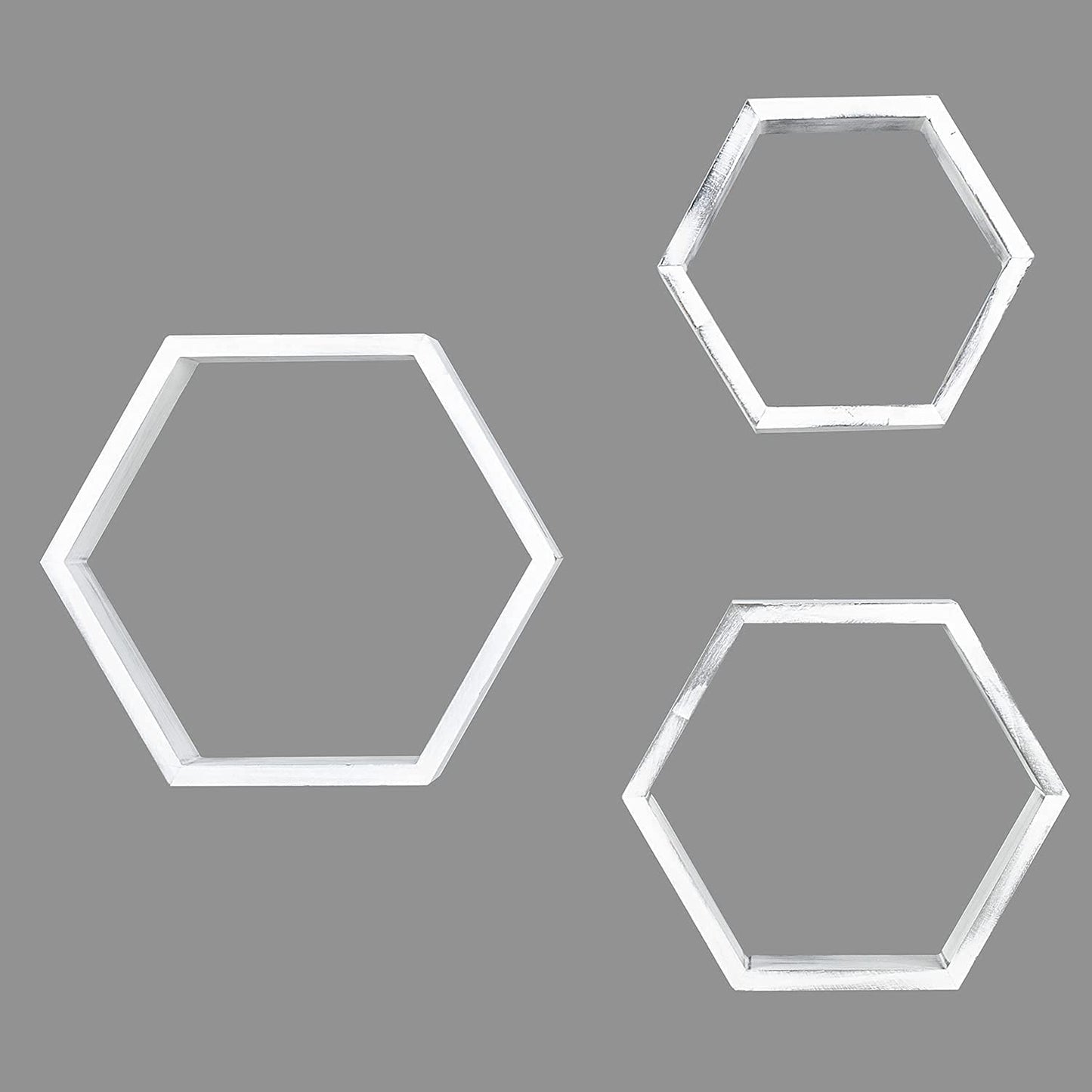 Wall Mounted Hexagon Floating Shelves, Wooden Wall Organizers Hanging Shelf for Home Decor, Set of 3, Rustic White