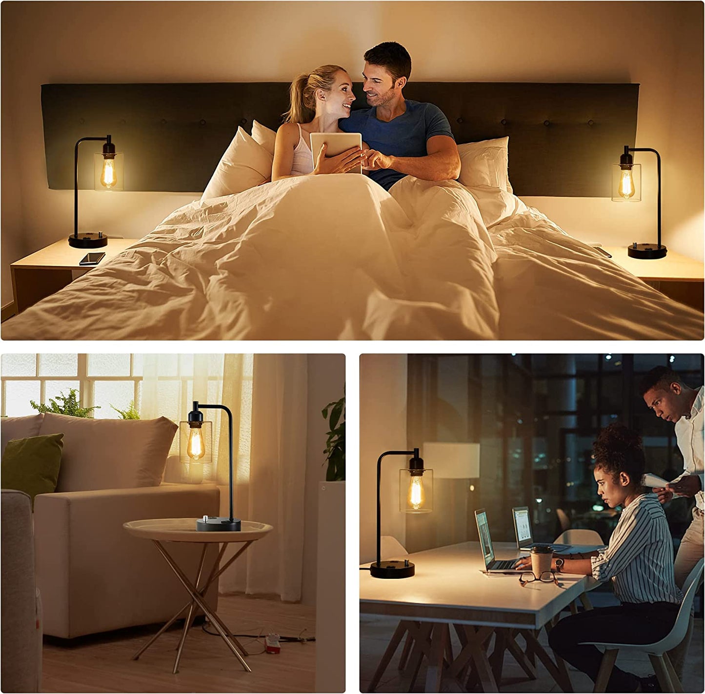 Set of 2 Industrial Table Lamps with AC Outlet and 2 USB Ports, Fully Stepless Dimmable Bedside Lamps, Nightstand Lamp with Glass Shade for Bedroom, Living Room, Office, 2700K Bulbs Included