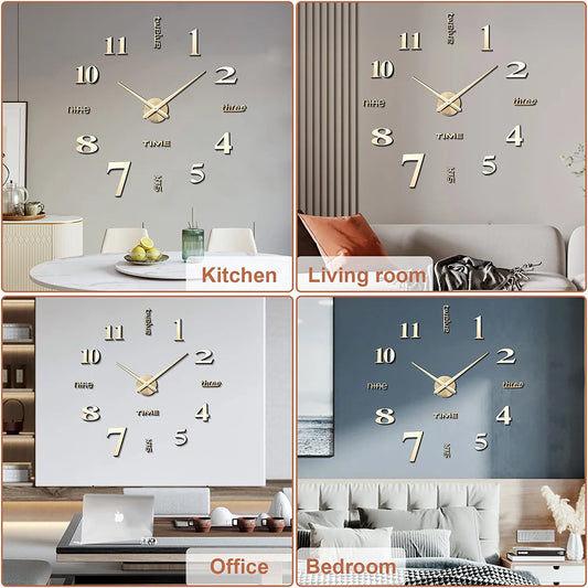 3D DIY Wall Clock Decor Sticker Mirror Frameless Large DIY Wall Clock Kit for Home Living Room Bedroom Office Decoration (Gold)