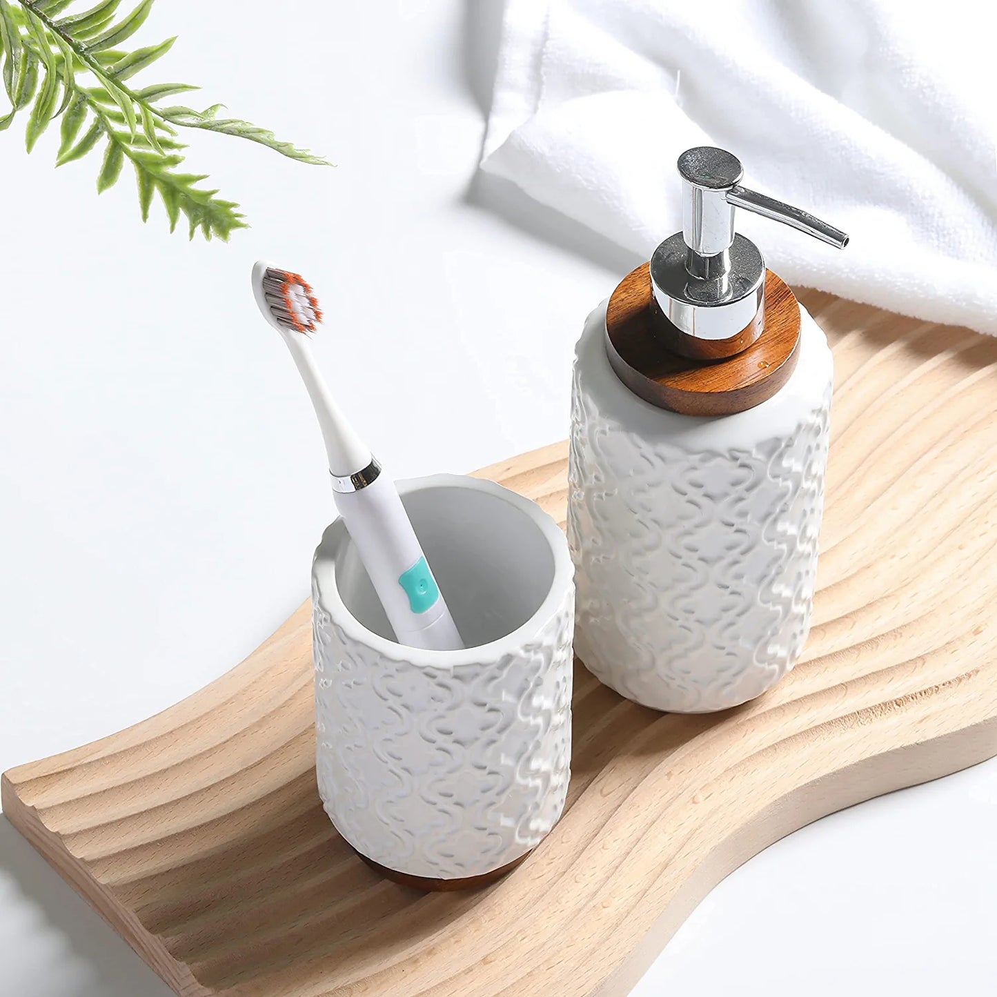 Bathroom Accessories Set 4 Pcs Toothbrush Holder Soap Dispenser Set Ceramic and Wood Bathroom Set Contain Toothbrush Cup Soap Dispenser Soap Dish Tumbler