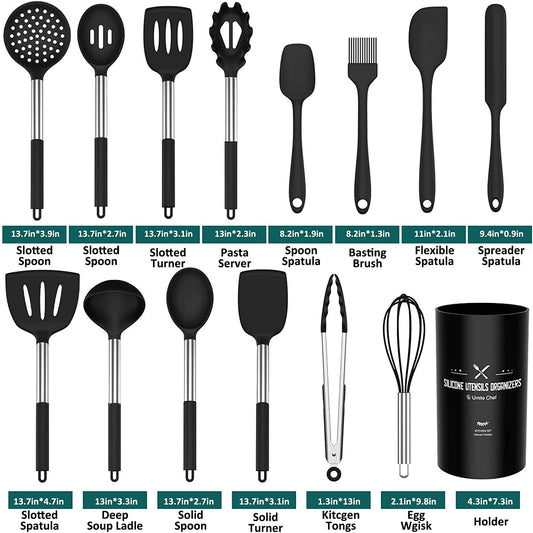 Silicone Cooking Utensil Set, 15Pcs Silicone Cooking Kitchen Utensils Set, Non-Stic - Best Kitchen Cookware with Stainless Steel Handle - Black