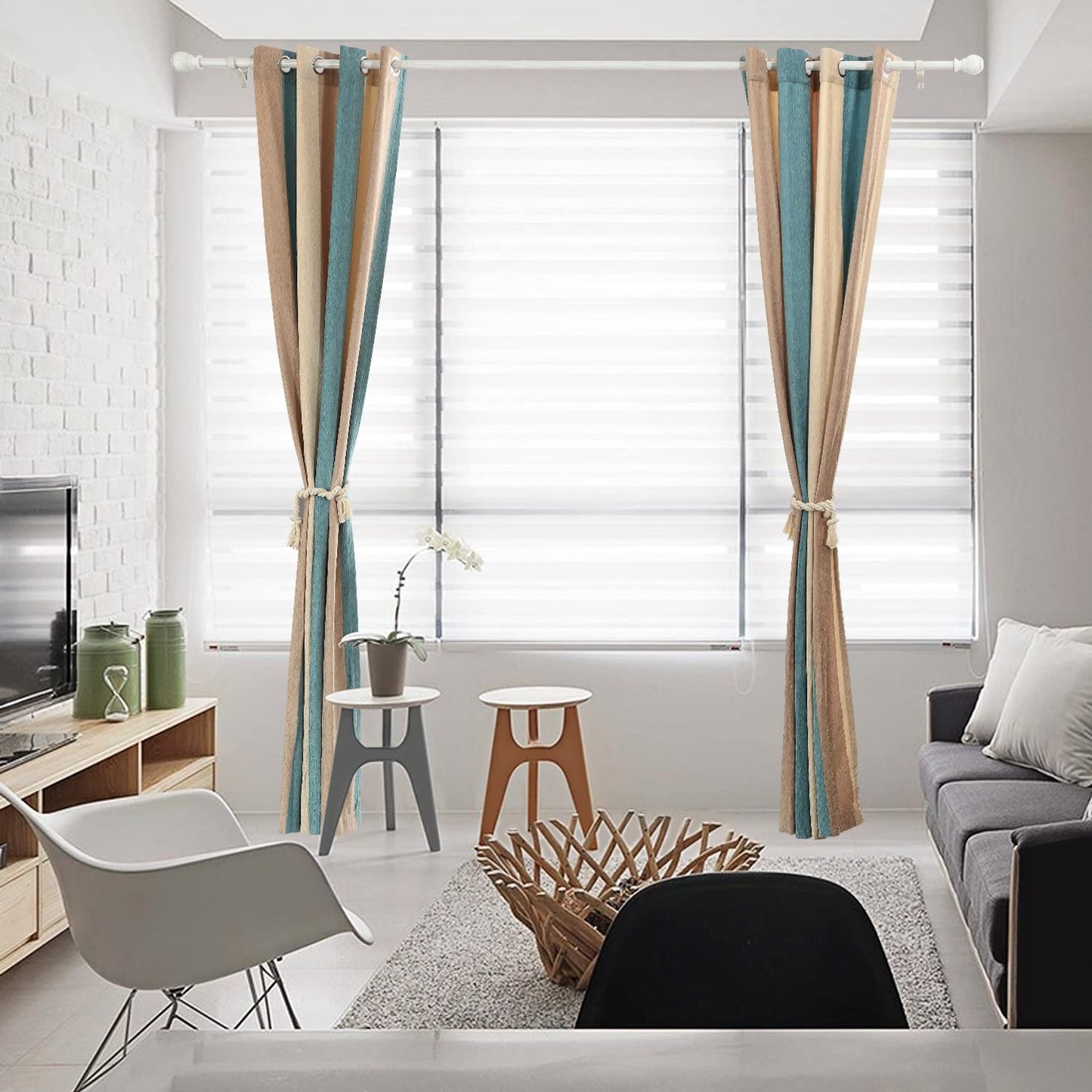 Bedroom Curtains Absolute Heat Insulation Chenille Vertical Striped Color Window Curtains Living Room Buttonhole Curtains Single Panel (W52Xl84, Blue)