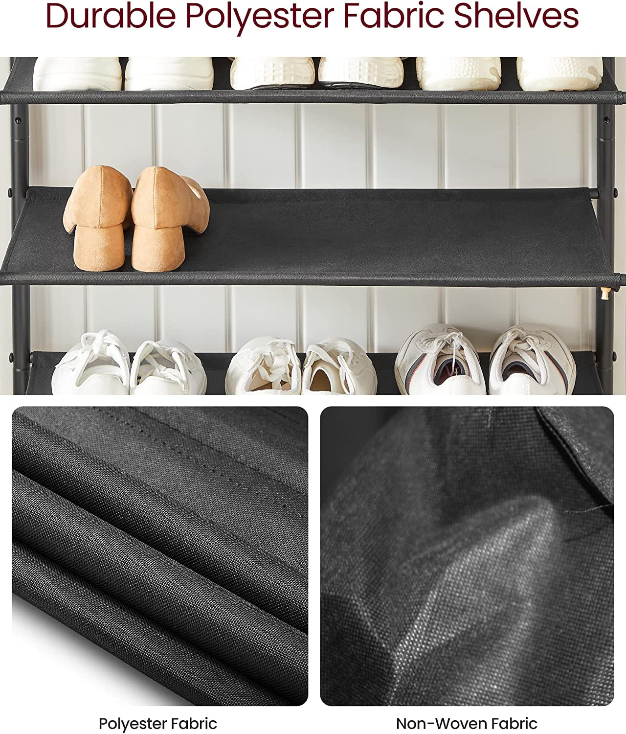 Shoe Rack 5 Tier, Narrow Shoe Organizer for Closet Entryway, with 4 Fabric Shelves and Top for Bags, Shoe Shelf, Steel Frame, Industrial, Rustic Brown and Black ULBS036B01