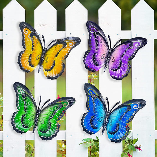Metal Butterfly Wall Art Decor -6.5 Inches Yellow Purple Blue Green Butterflies Wall Decor for Indoor or Outdoor Garden Patio Fence Yard Decoration (4 Pack)