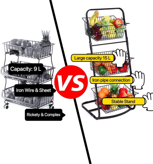 3 Tier Market Basket,Storage Basket Organizer, Fruit Vegetable Produce Metal Hanging Storage Bin for Kitchen,Bathroom Tower Baskets Stand