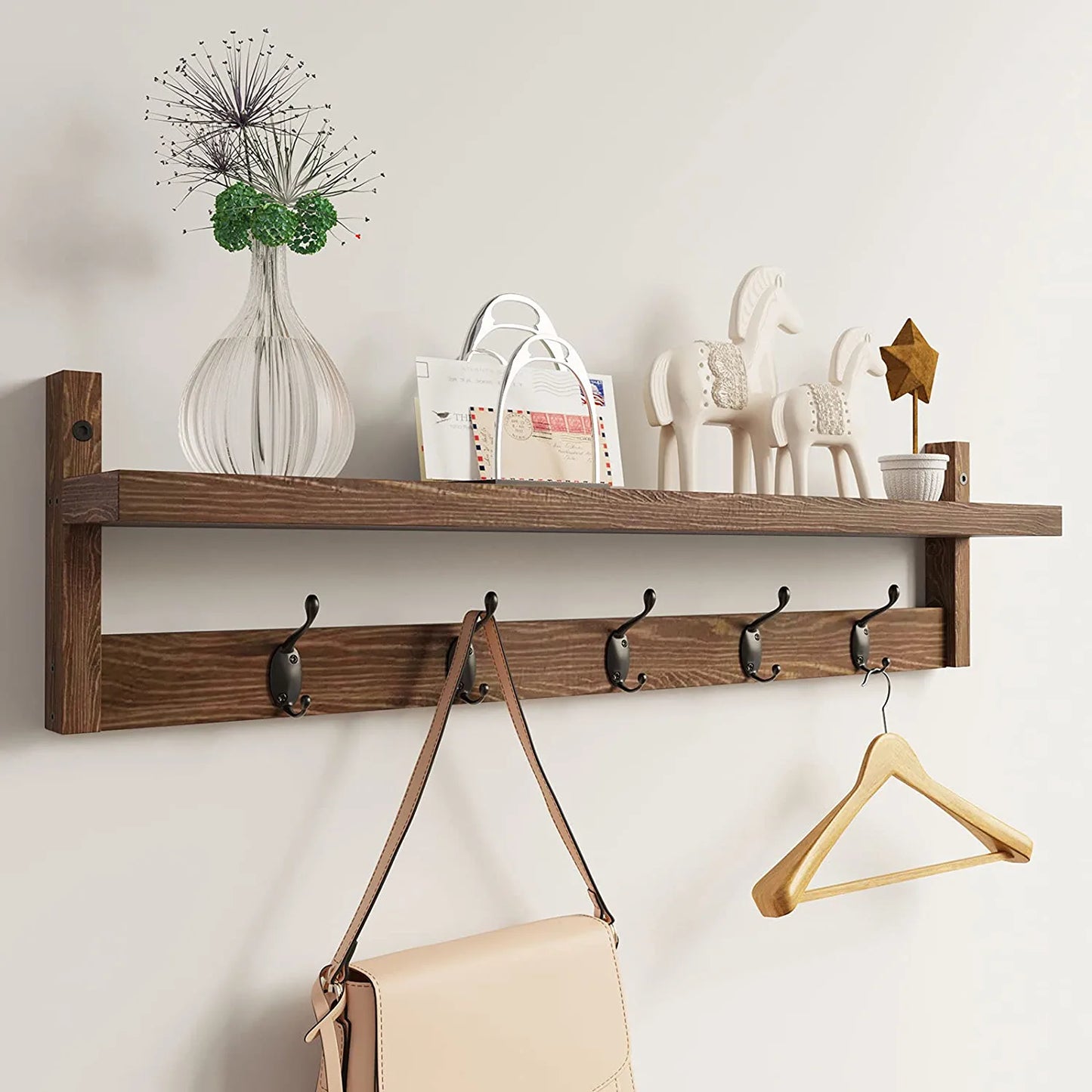 Wall Hooks with Shelf 28.9 Inch Length Entryway Wall Hanging Shelf Wood Coat Hooks for Wall with Shelf Wall-Mounted Coat Hook Rack with 5 Dual Hooks for Bathroom, Living Room, Bedroom (Brown )