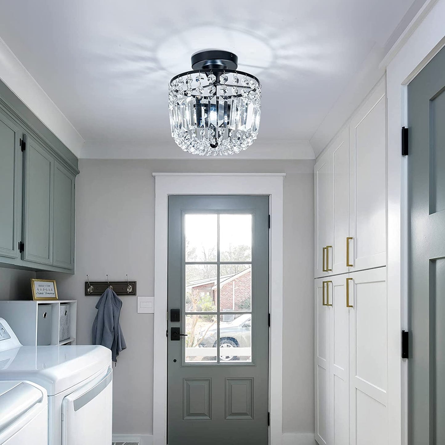 Small Crystal Chandelier 2- Lights ,Modern Semi Flush Mount Ceiling Light Fixture for Hallway Kitchen Foyer (Black)
