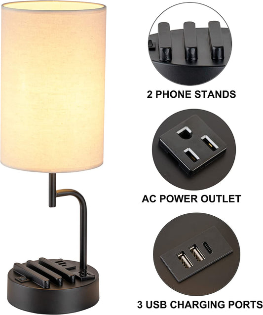 Table Lamp with 3 USB Charging Ports, Modern Desk Lamp with AC Outlet and Phone Stands, Perfect Bedside Lamp for Bedroom, Living Room, Office (Pack of 2)