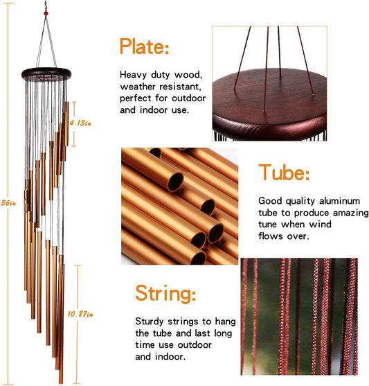 Wind Chimes Outdoor Wind Chimes 36" Garden Chimes with 18 Aluminum Alloy Tubes and 3 S Hooks for Garden Patio Decor(Golden)