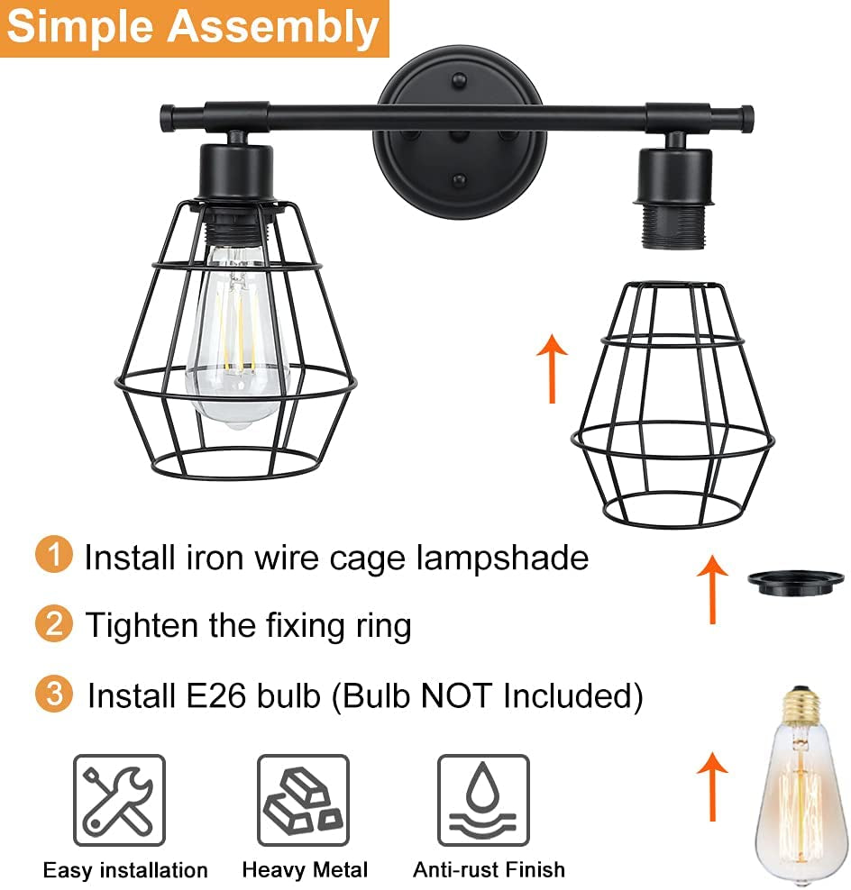 2-Light Industrial Bathroom Vanity Light, Farmhouse Metal Cage Wall Sconces, Rustic Matte Black Wall Mount Light Fixtures, Porch Wall Lamps for Living Room, Mirror Cabinets, Bedroom, E26 Base