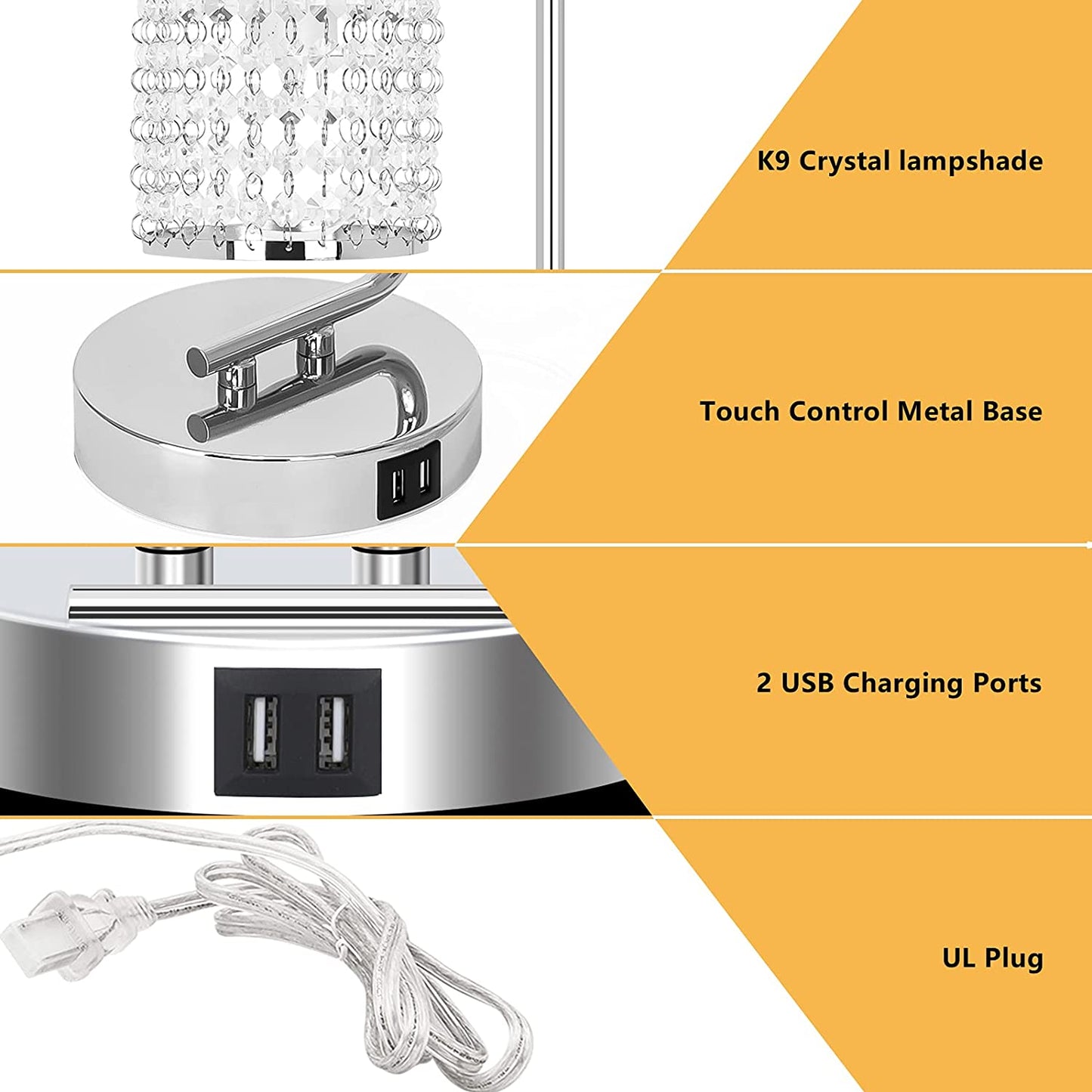 FAGUANGAO Crystal Touch Control Table Lamp,With Dual USB Charging Ports,3 Way Dimmable Set of 2 Silver Bedside Nightstand Lamp Industrial Desk Lamps E26 Base for Bedroom Living Room,Led Bulbs Included