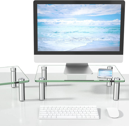Dual Glass Monitor Stand Riser, 2 Pack Computer Monitor Riser, Clear Monitor Stand for Desk, Create More Storage Space under for Screens/Laptops/Printers