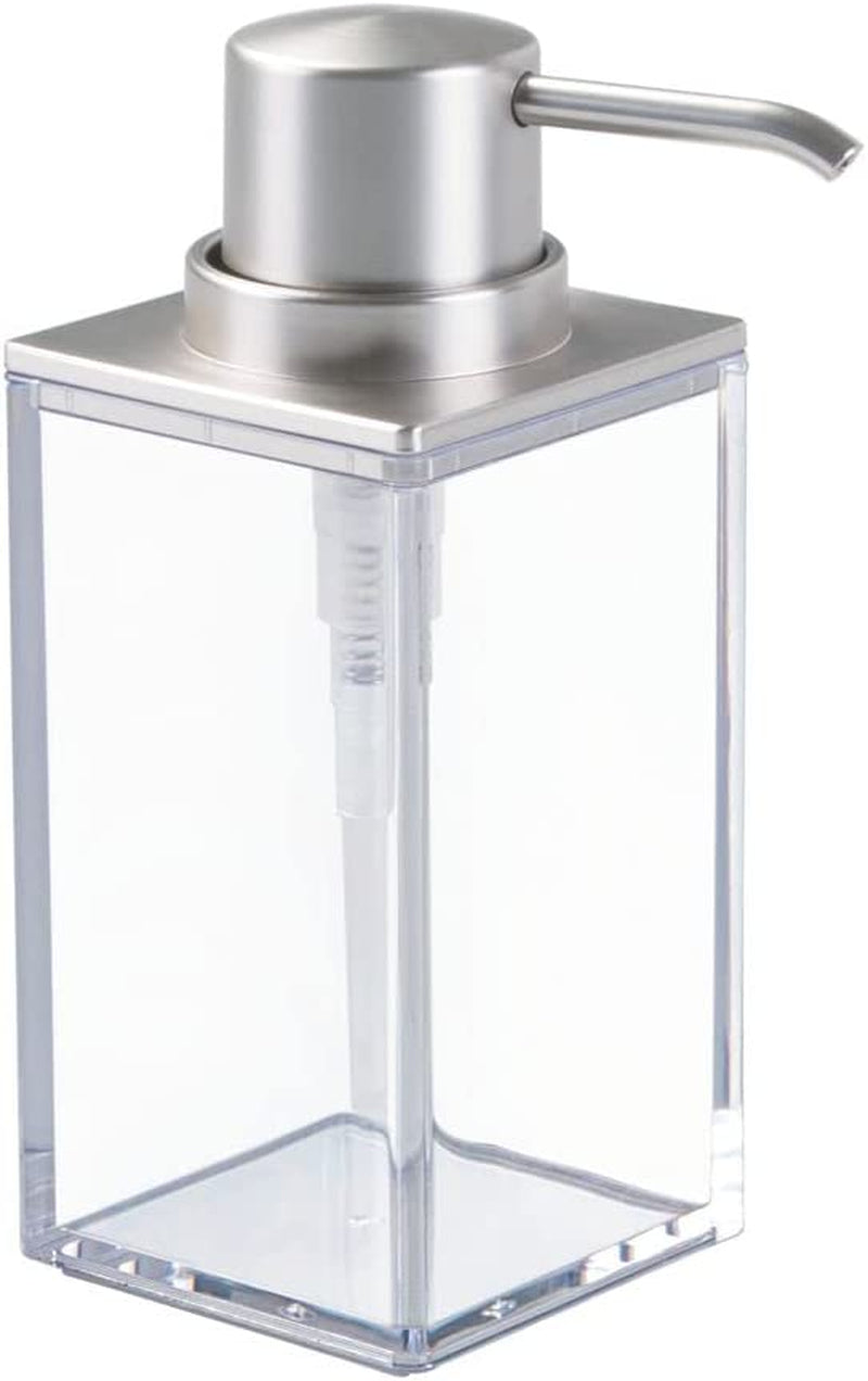 Mdesign Plastic Bathroom Vanity Counter Organizers, Dispenser Pump, Toothbrush Stand, Storage Jar, Soap Dish, for Cotton Swabs, Toothpaste, Makeup, Lumiere Collection, Clear/Brushed Chrome