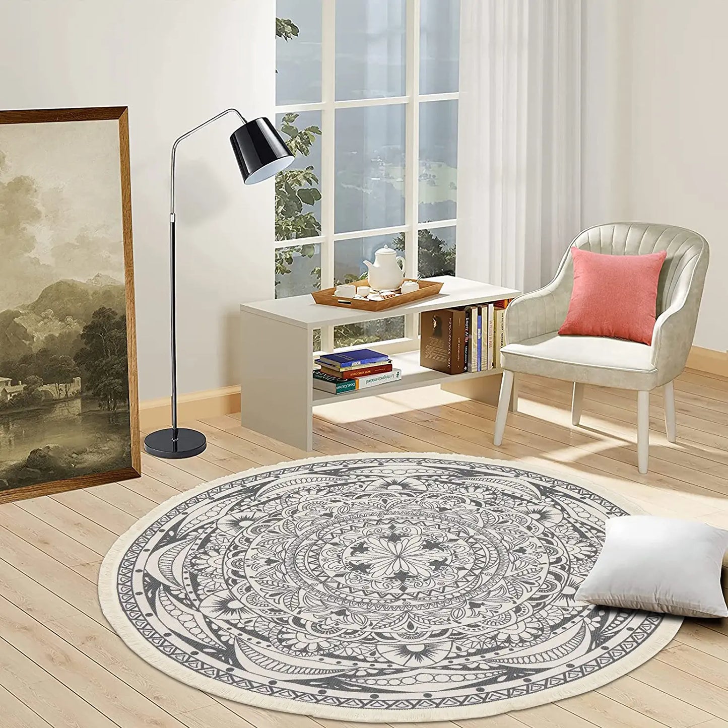 4 Ft round Area Rugs Washable Chic Bohemian Mandala Hand Woven Cotton round Rug with Tassels Indoor Throw Area Rug Circle Carpet for Living Room Kids Room