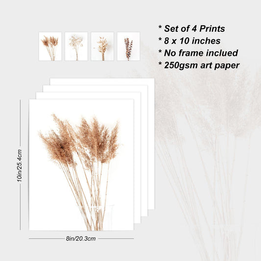 Boho Wall Art Modern Farmhouse Bathroom Decor Cute Pampas Grass Wall Decor Botanical Prints Beige Room Aesthetic Neutral Kitchen Bedroom Decor Set of 4(UNFRAMED 8X10In)
