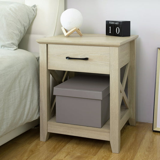 Benton Park Farmhouse X-Design End Table with Storage Drawer, Warm Oak
