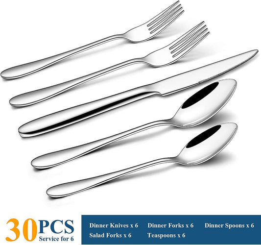 30-Piece Silverware Set, Stainless Steel Flatware Set Service for 6, Tableware Cutlery Set for Home Kitchen Hotel Restaurant, Mirror Polished, Dishwasher Safe