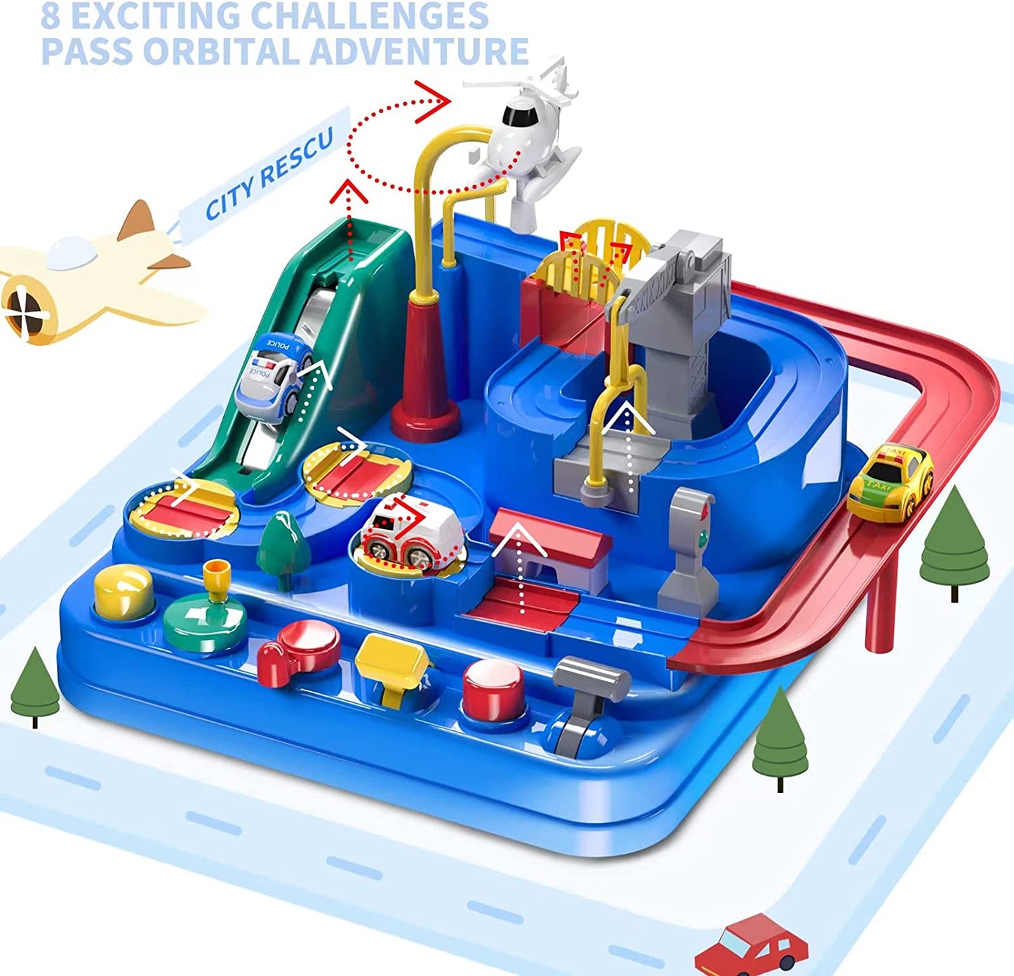 TEMI Kids Race Track Toys for Boy Car Adventure Toy for 3 4 5 6 7 Years Old Boys Girls, Puzzle Rail Car, City Rescue Playsets Magnet Toys W/ 3 Mini Cars, Preschool Educational Car Games Gift Toys